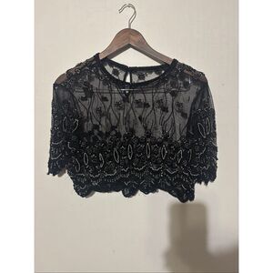 Stenay Women's Size 18 Black Lace Embroidered Cropped Top Shirt